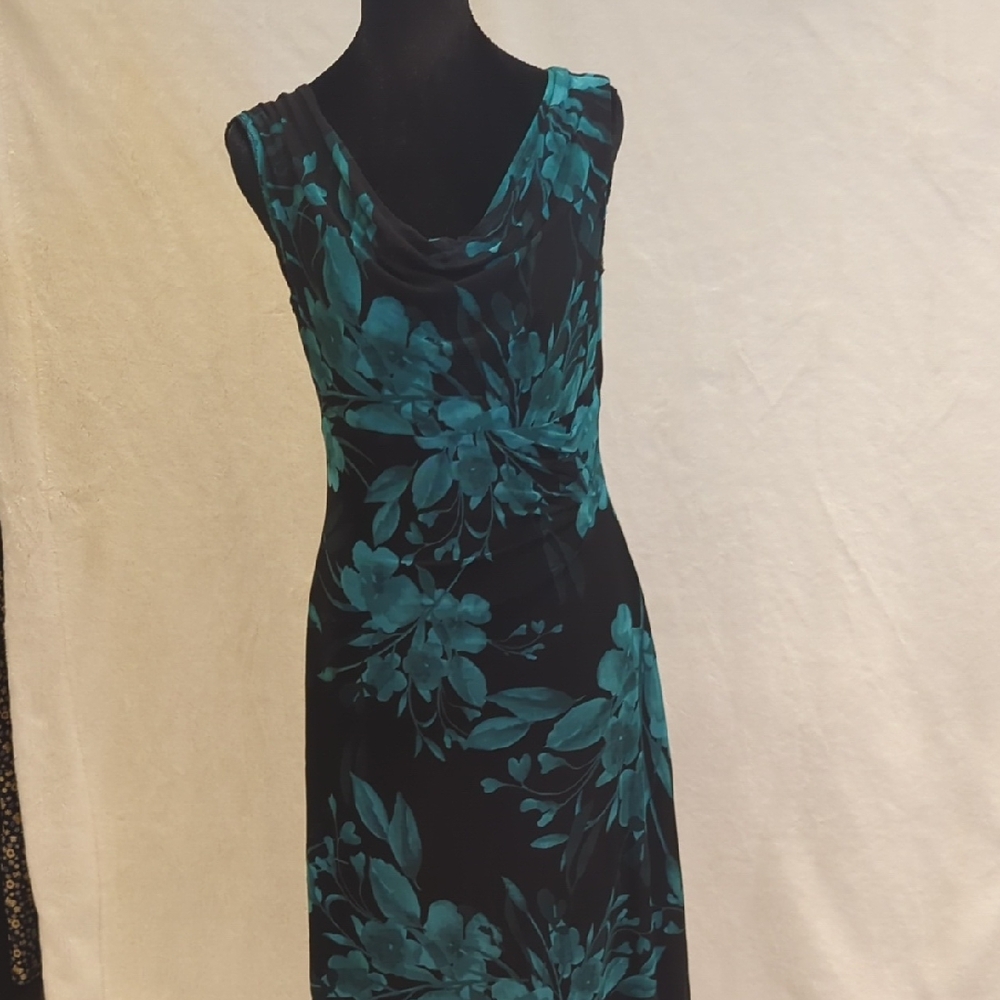 Connected Apparel Black and Teal Floral Midi Dress